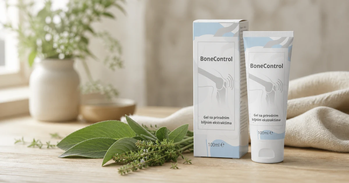 BoneControl gel za zglobove i kosti pored svježeg lišća gaveza na svijetloj drvenoj površini