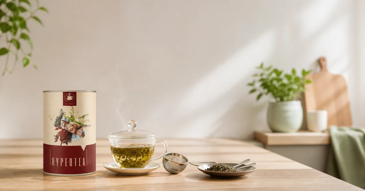 Подготовка на чај за крвен притисок Hyper Tea — покриена шолја и две лажички билна мешавина