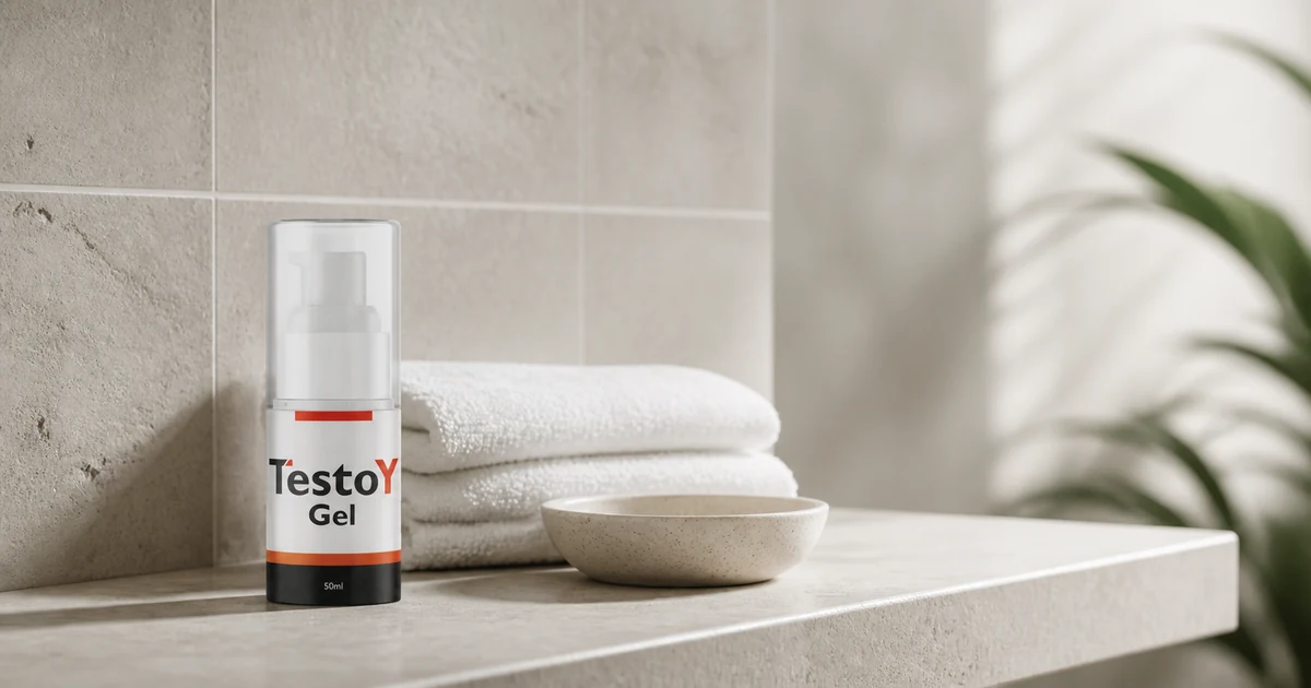 Гел за мажи TestoY Gel во цевка на светла полица во бања, дел од дискретна рутина за интимна нега