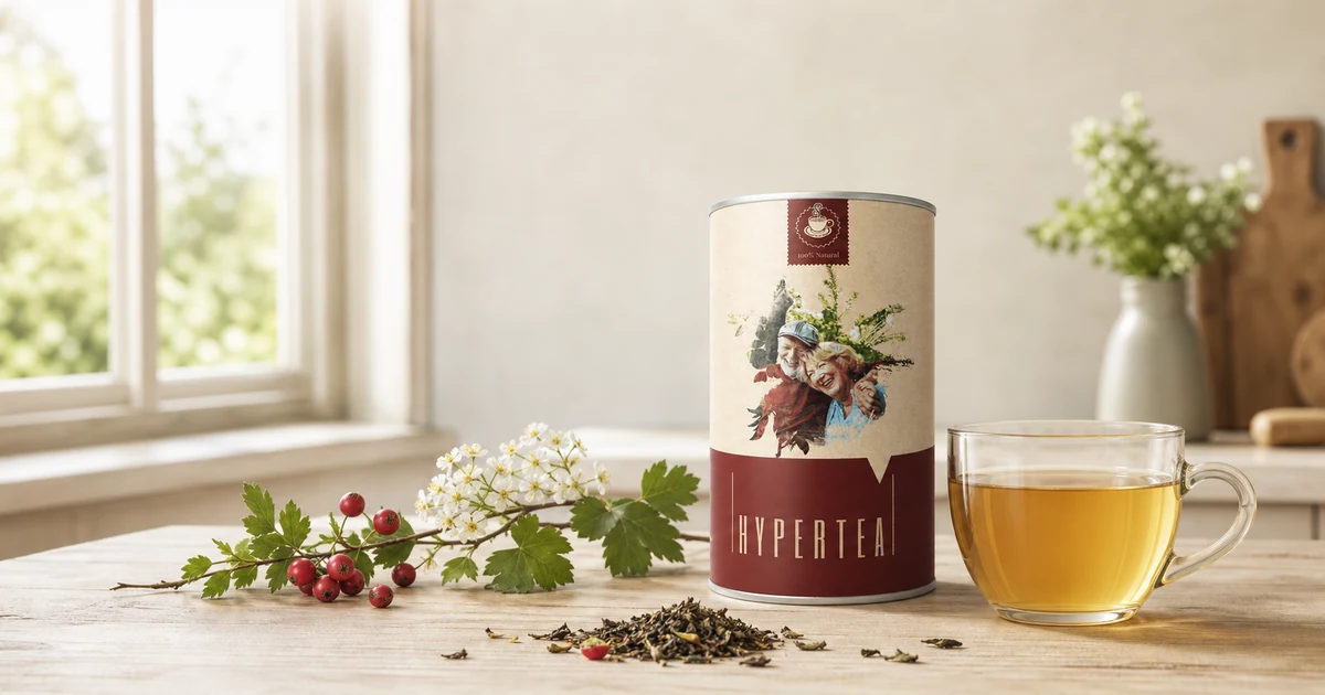 Glog za srce čaj – pakovanje Hyper Tea uz grančicu gloga i šolju čaja