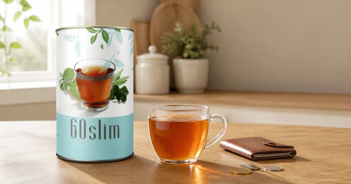 Pako e çajit bimor Go Slim mbi tavolinë druri pranë një filxhani çaji të ngrohtë