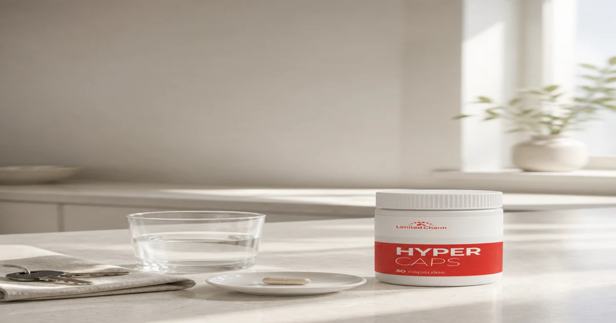Опаковката на Hyper Caps до чаша вода и една таблетка върху светъл кухненски плот сутрин
