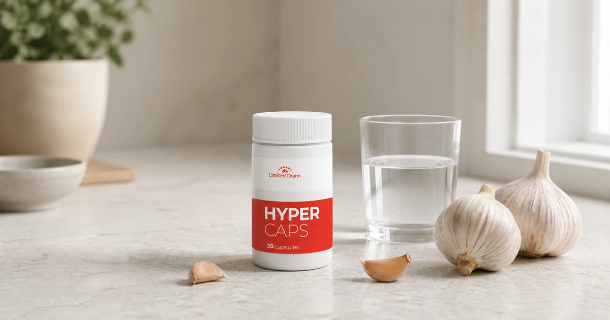 Hyper Caps kapsule – pakiranje kapsula na svijetlom stolu uz čašu vode i svježe glavice češnjaka