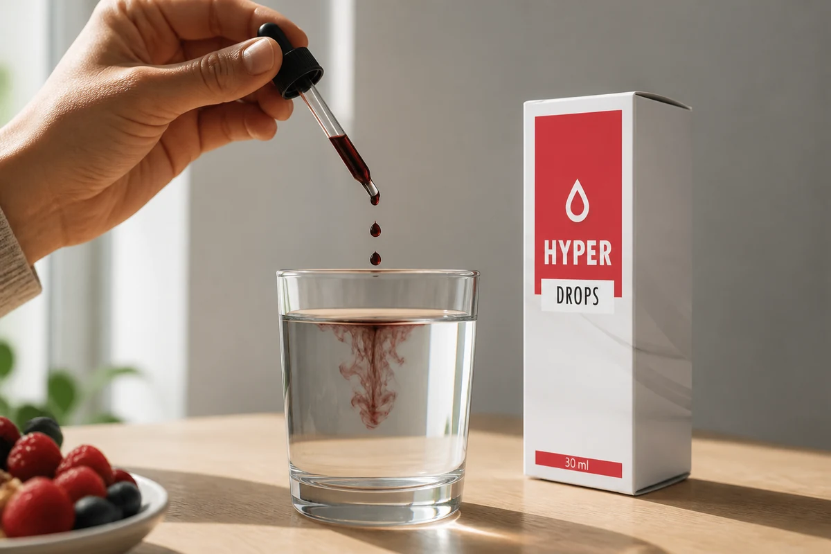 Капки паѓаат во чаша вода, а шишенцето Hyper Drops стои до чашата