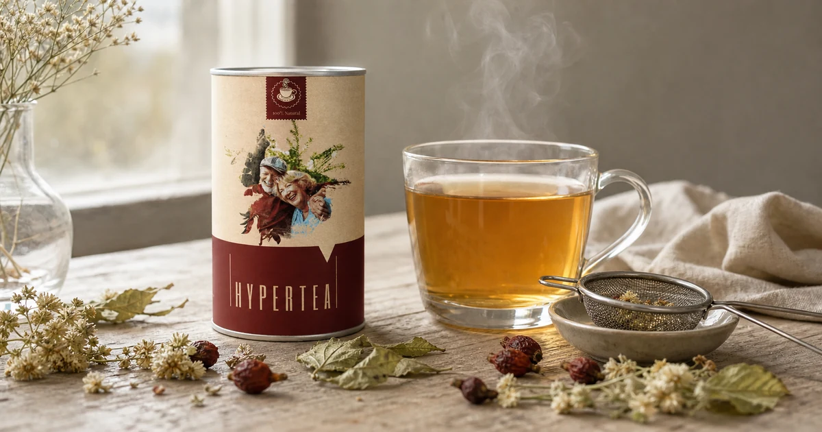 Pakiranje Hyper Tea biljnog čaja uz staklenu šalicu i cvjetove gloga na drvenom stolu
