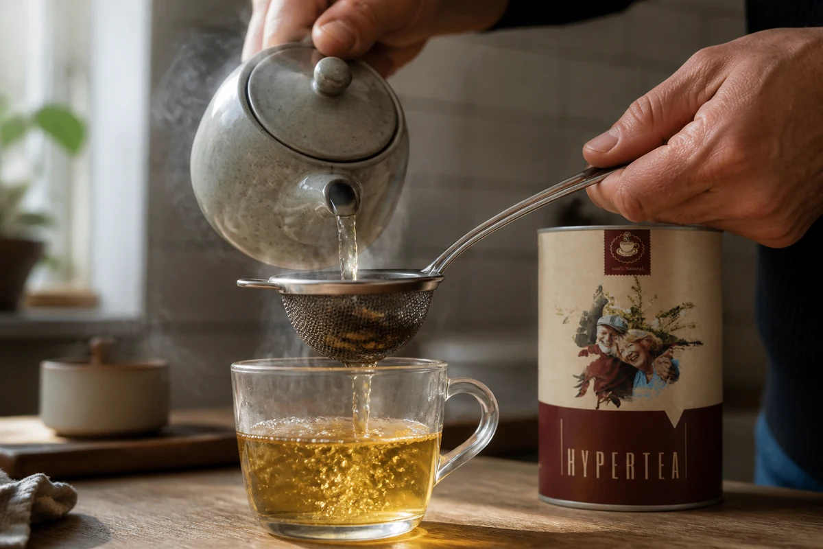 Раце цедат билен чај низ цедалка, а пакувањето Hyper Tea стои на масата
