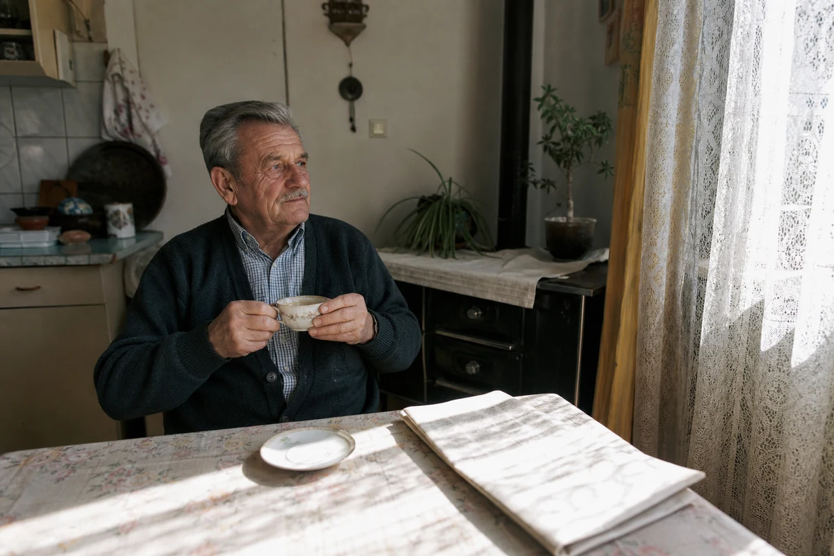 Muškarac u kasnim šezdesetim pije čaj za kuhinjskim stolom uz jutarnju svjetlost
