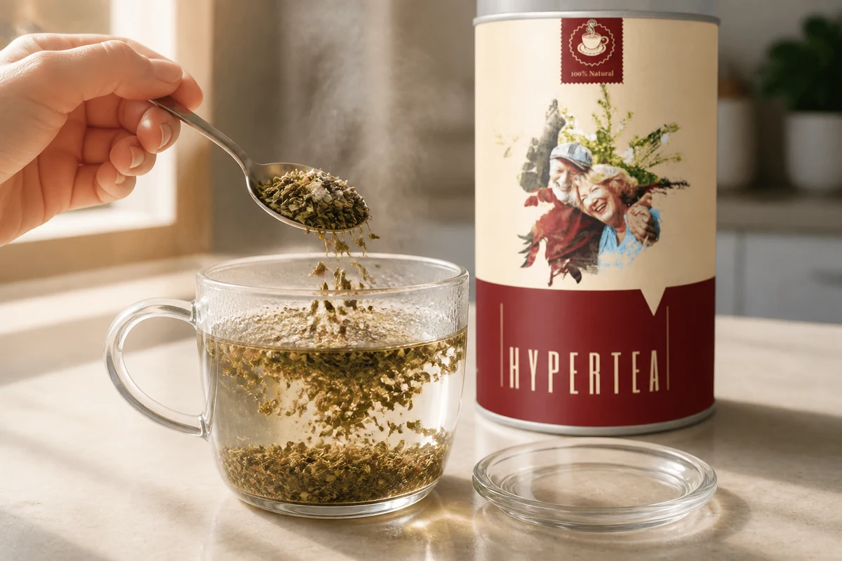 Priprema Hyper Tea čaja — kašika biljne mješavine iznad šolje, pakovanje u pozadini