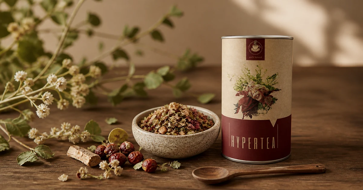 Pakovanje Hyper Tea čaja pored zdjelice sa suvom biljnom mješavinom, cvjetovima gloga i plodovima šipka