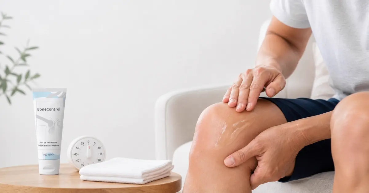 Nanošenje BoneControl gela na koljeno i sat koji pokazuje 15 minuta djelovanja