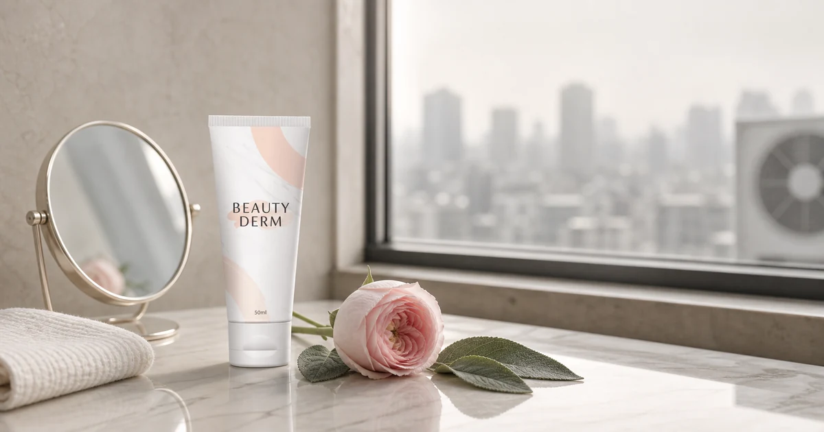 Nega kože lica izložene zagađenju — Beauty Derm krema pored ogledala i gradskog prozora