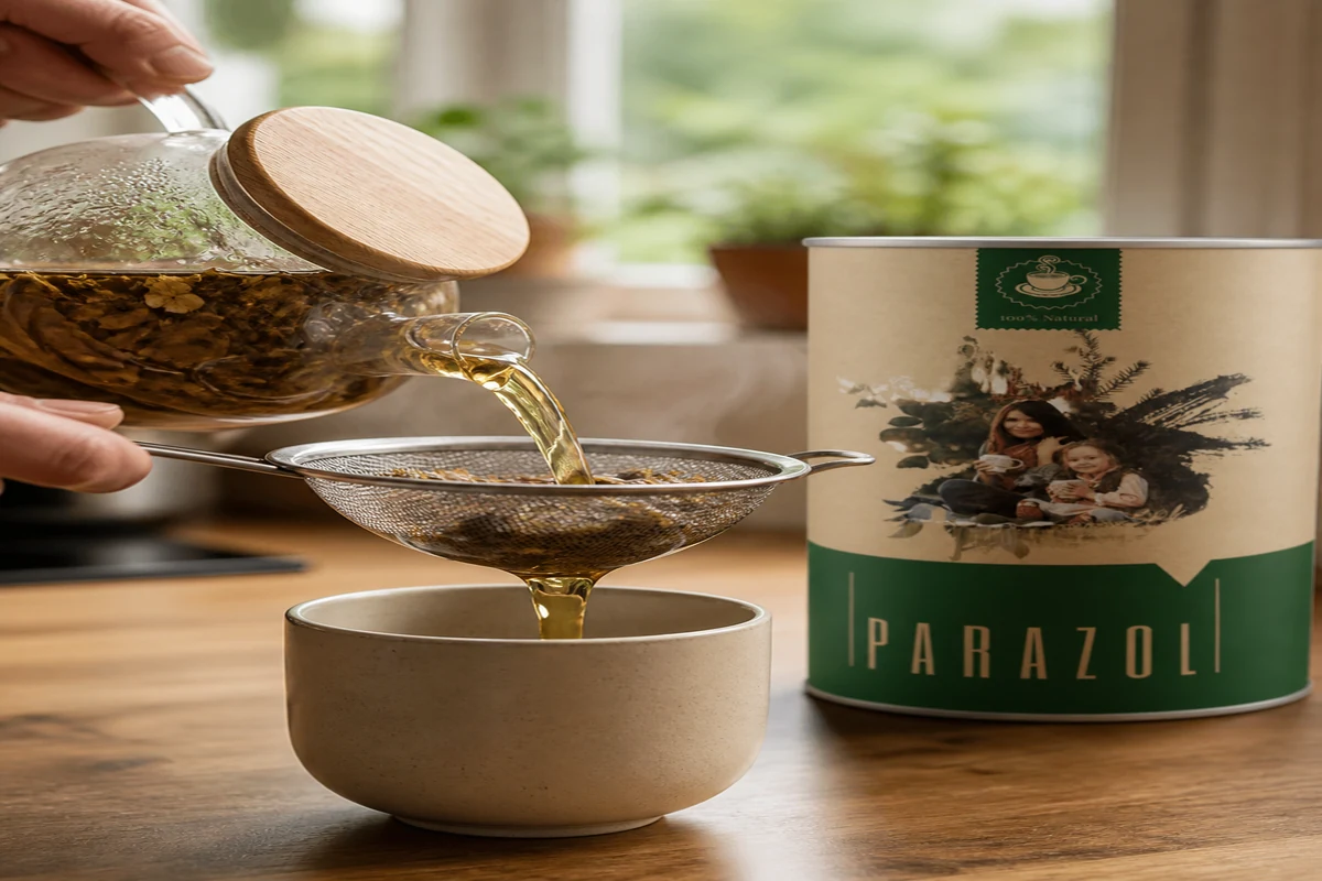 Procjeđivanje skuvanog Parazol čaja kroz cjediljku u šolju, pakovanje pored posude