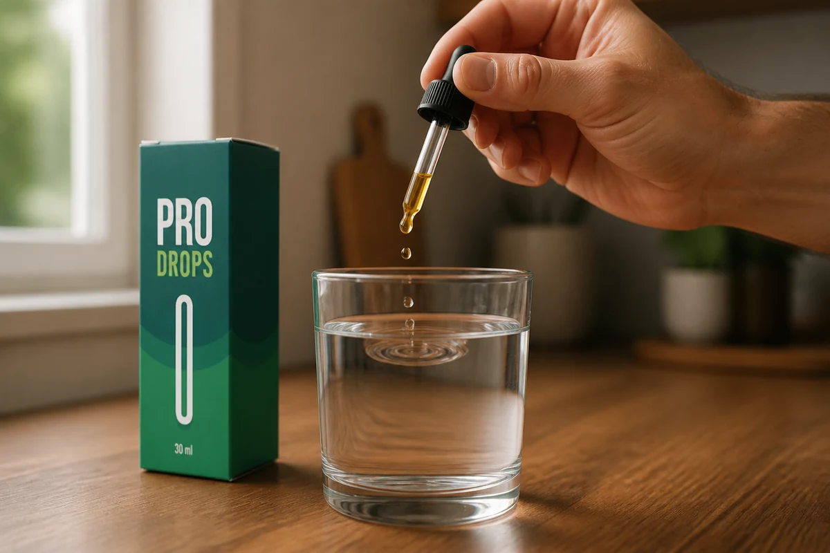 Рака капе капки во чаша вода, а шишенцето Pro Drops стои на масата