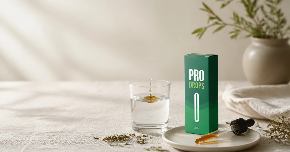 Pro Drops капки – шишенцето с билковите капки до чаша вода и пипета на светла маса