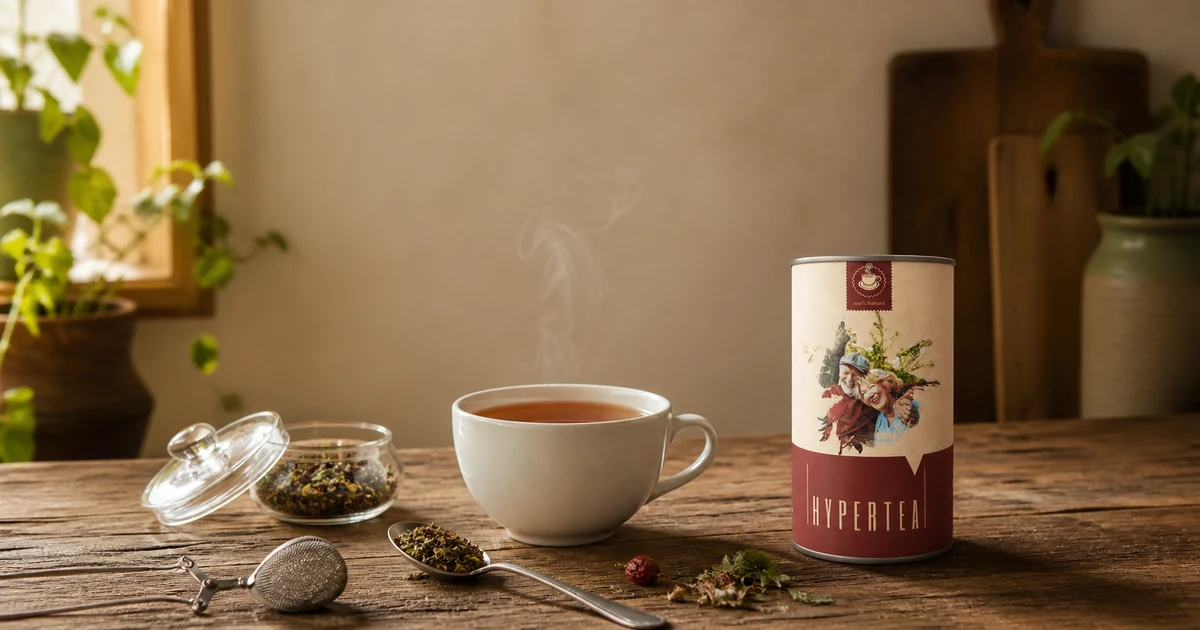 Опаковката на Hyper Tea до порцеланова чаша със запарен билков чай и покрит съд върху дървена маса