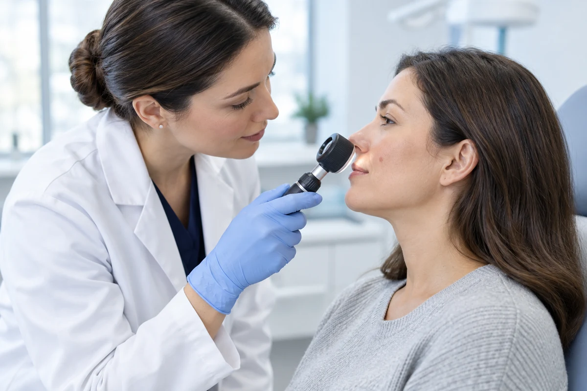 Dermatolog dermoskopom pregleda promenu na koži lica pacijentkinje u ordinaciji