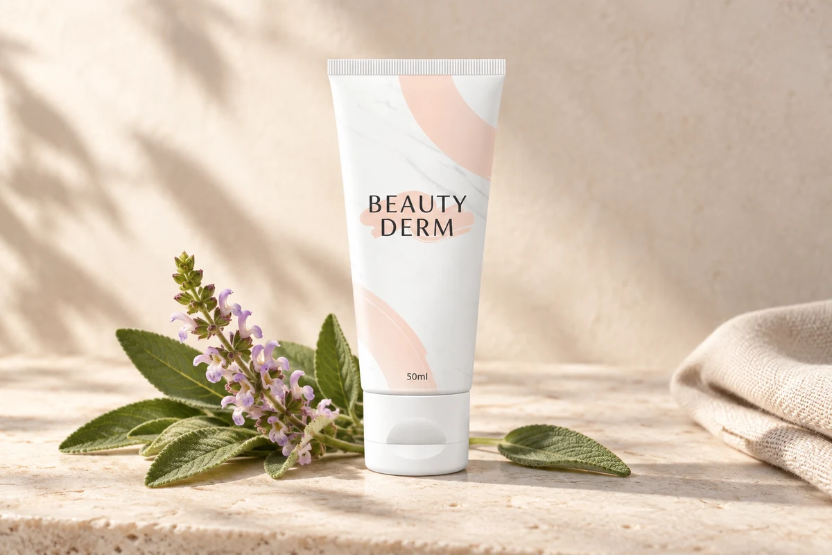 Krema Beauty Derm na kamenoj površini uz grančice kadulje