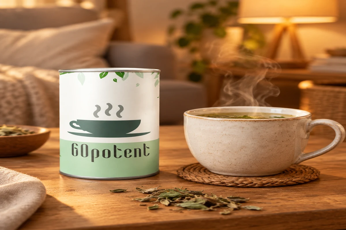 Пакување на билниот чај Go Potent покрај шолја топол чај на дрвена маса навечер